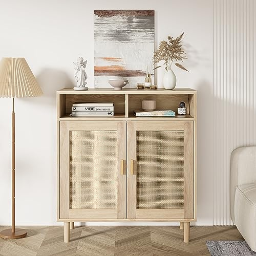 HAUSPROFI Sideboard Rattan, Küchenschrank Aufbewahrungsschrank mit Türen, Küchenschrank mit Arbeitsplatte Anrichte für Küche,Wohnzimmer, Flur und Esszimmer (Holz, 92x80x40cm)
