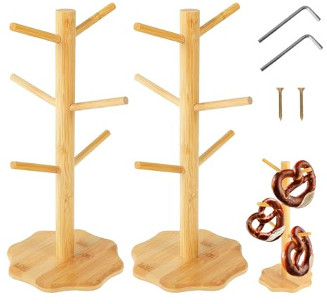 lioewhu 2 Stück Brezelständer, Brezelhalter aus Holz, 16 x 34cm Brezelbaum 6-Armig, Brezenständer Holz, Kaffeetassenhalter, Multifunktionsständer als Dekorativer Hakenständer in Küche Wohnung Café