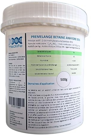 Medilife Bétaïne Anhydre 95%, Additif Nutritionnel pour Alimentation Animale, Chiens Chats Chevaux, Qualité Premium, (500g)