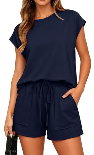 Timuspo tvådelad dam sommar ledig lös träningsoverall enfärgad sportdräkt rund hals vingärmar kortärmad och elastisk linning shorts med fickor