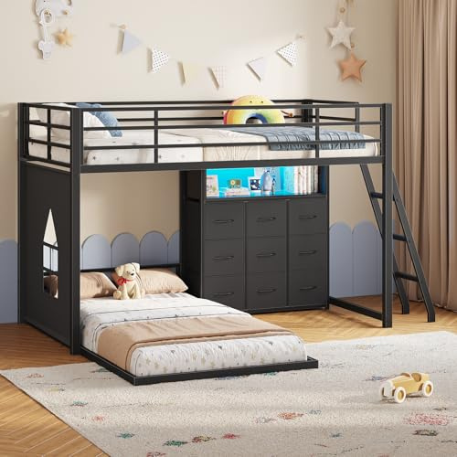 Hasuit Low Bunk Bed Twin Over Twin with 9 Storage Drawers, L-Shaped Twin Bunk Beds with LED Lights & Play Area, Heavy-Duty Metal Low Bunk Bed for Kids/Teens, 13.4'' Safety Guardrail & Ladder, Black