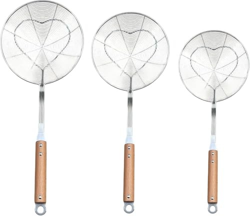 MSQUARE Wire Skimmer Ladle Set, Stainless Steel, Wooden Handle, Deep Fry Mesh Ladle, Frying Strainer, Oil & Water Draining Spoon, Ladle for Indian Cooking, Snacks, Pasta, Noodles & Vegetables,18cm