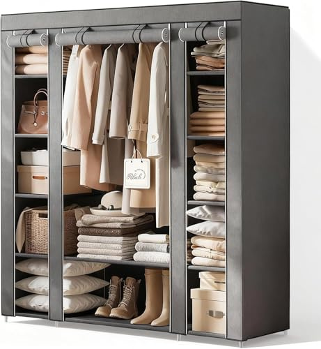 Ribech Kleiderschrank aus Stoff, 45x150x175cm, Metallrahmen mit Vlies-Staubschutz, Kleiderstange, graue, Schlafzimmer Aufbewahrungssystem