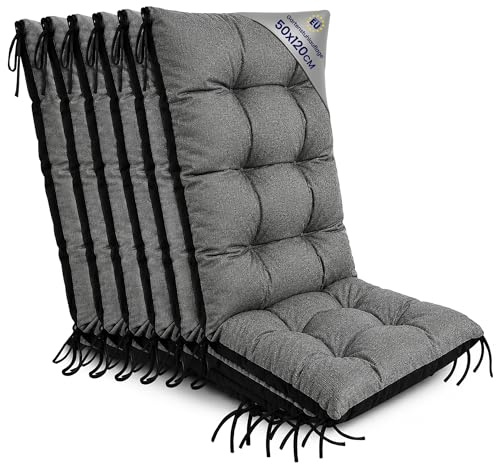 Gartenstuhl Hochlehner Auflagen 6er Set 50x120 cm - Sitzauflagen Gartenmöbel Gartenstuhlauflagen Polster Auflage für Gartenstühle Sitzpolster Outdoor Stuhlauflagen Sitzkissen Grau Öko-Leinen