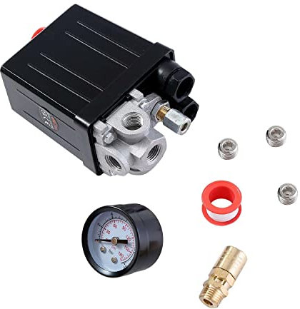 ORAZIO Pressostat de Compresseur d'Air G1/4 4 Ports Monophasé + Manomètre + Soupape de Sécurité + Vis, Accessoire d'Outil Pneumatique 214122