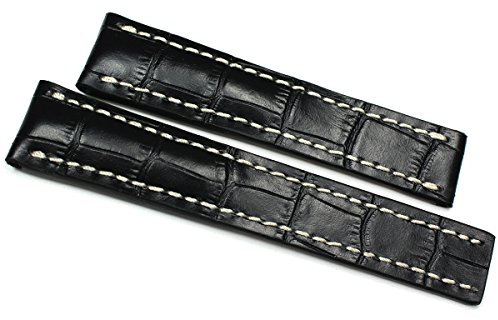 RIOS Handarbeit Krokoprägung Handnaht LEDERBAND für Faltschließe Weiße Naht 22 mm und 20 mm für Breitling BAND quality STRAP blau, schwarz Top Qualität (20 mm, Schwarz)
