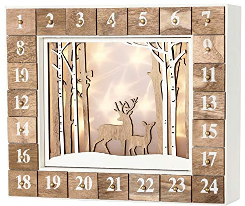 BRUBAKER Adventskalender aus Holz zum Befüllen - Weiße Winterlandschaft mit LED Beleuchtung - Wiederverwendbarer DIY Weihnachtskalender 35.5 x 6 x 27 cm