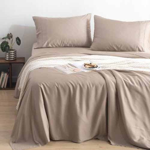 Bamtek 100 % Bambus-Bettlaken, luxuriös, weich und seidig glatt, kühlende Bettlaken für Heißschläfer, 4-teiliges Set, elastische tiefe Taschen, Spannbettlaken und Bettlaken – Sand, voll