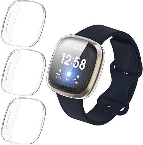 ivoler 3 Stücke Klar Silikon Hülle für Fitbit Versa 3 / Fitbit Sense Schutzhülle, Vollständige Abdeckung Schutzfolie Weiche TPU Cover Case Schutz Displayschutz Folie