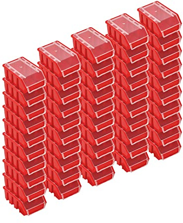PAFEN Stapelboxen Set – 50x Stapelbox mit Deckel 160 x 75 x 115 mm – Sichtbox Stapelbox für Werkzeugwand Lagerbox, Rot