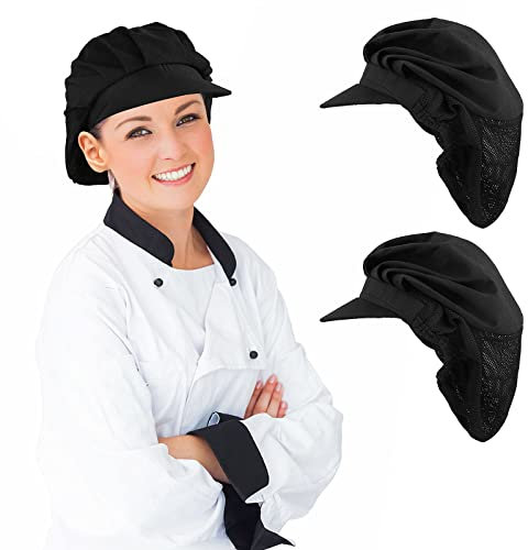 Yolev 2 Pezzi Cappello da Cuoco Retina per Capelli da Cucina Nera Mezza Maglia Elastico Traspirante Retina per Capelli da Forno Donna Servizio di Catering Retina per Capelli con Tesa Cappello Chef