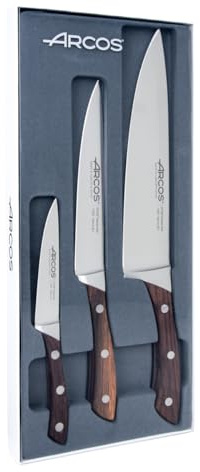 Arcos Natura - Juego de Cuchillos 3 piezas (Mondador + Cuchillo Cocina + Cuchillo Chef) - Acero Inoxidable Forjado NITRUM - Mango Madera Palisandro Color Marrón