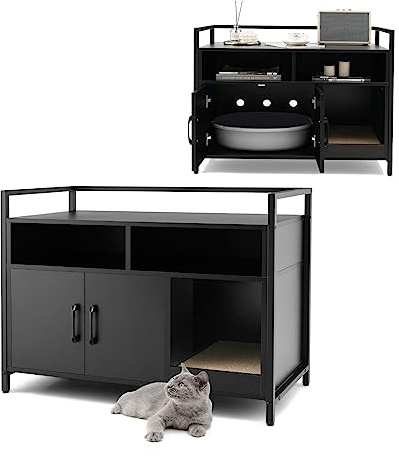 GYMAX Armario para Gatos con Tabla Rascadora, 89 x 45 x 74,5 cm, Casa para Gatos con Estantes Abiertos y Puertas, Caja de Arena para Mascotas para Gatitos y Gatos Grandes (Negro, 89 x 45 x 74,5 cm)