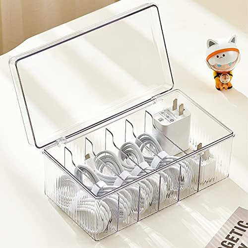 STARRY G Cable Tidy Box with Lid, 6 Grids Cable Organizer Box, Large Storage Box for Cables, Charger Plug, Power Strips, Transparent Cable Management Box - Free 12 Classified Stickers & 10 Cable Ties