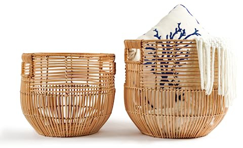 X AVIA HANDICRAFTS Set Of 2 Large Woven Blanket Baskets With Handles | Round Wicker Rattan Storage Floor Baskets for Shoe In Living Room | Extra Big Boho Rattan Laundry For Pillow, Blanket