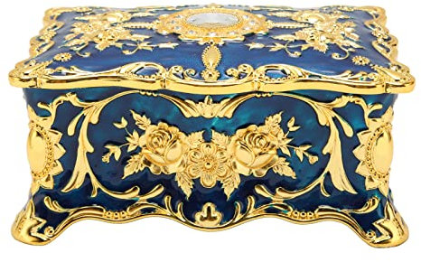 PerGar Vintage Metall-Schmuckkästchen, Metall-Emaille-Schmuckkästchen, Rechteckiger Dekorativer Schmuck-Organizer, Ring-Ohrringe-Halsketten-Schatulle für Frauen und Mädchen(Goldblau)