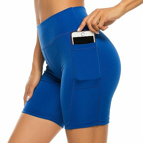 Boolavard Shorts for Women with Pockets – High Waisted Tummy Control Workout Yoga Running Gym Short Pants (S, Blue)