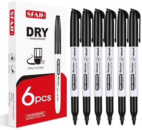 SFAIH Black Dry Erase Markers Fine Tip - 6 Pack Whiteboard Markers For Home Office, Personal Task Lists, Family Calendars,Professional Writing & Notes | Low-Odor