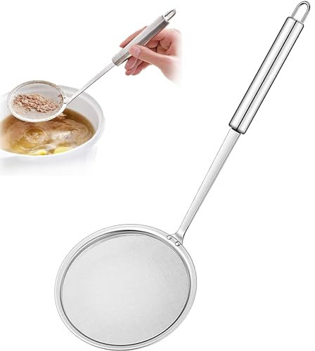 XFLYP 1 Pezzi Schiumarola in Acciaio Inox, Setaccio Acciaio Inox Maglia Fine, Manico Lungo per Evitare Schizzi, per Filtrare, Scolare e Sciacquare, Strumento da Cucina