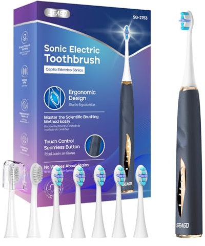 Seago Electric Toothbrush with Pressure Sensor - Ultrasonic Whitening Toothbrush - 8 Brush Heads & Replacement Reminder - 30 Days Standby & USB Charging - 5 Cleaning Modes, for Adults, SG2753(Blue)
