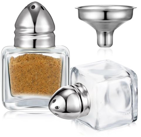 Uiifan 2 saleros y pimenteros pequeños con forma de cubo de 0.5 onzas con tapas de tono, mini tarros de vidrio transparente para condimentos, especias, saleros con embudo para bodas, fiestas,