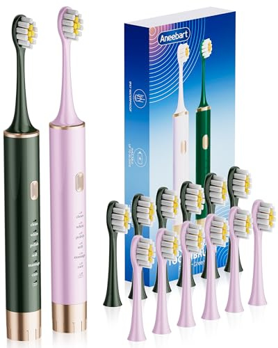 Aneebart Sonic 2 Pack Electric Toothbrush for Adults and Kids, Travel Toothbrush Includes 12 Replacement Toothbrush Heads, 6 Modes with 2 MIN Smart Timer (Purple, Green)