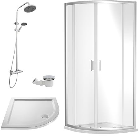 Balterley Quadrant Shower Enclosure with Quadrant Tray, Waste & Thermostatic Shower Kit, 6mm Toughened Safety Glass Door, Bar Handle Sliding Glass Door, Round Showerhead & Handset (Chrome)