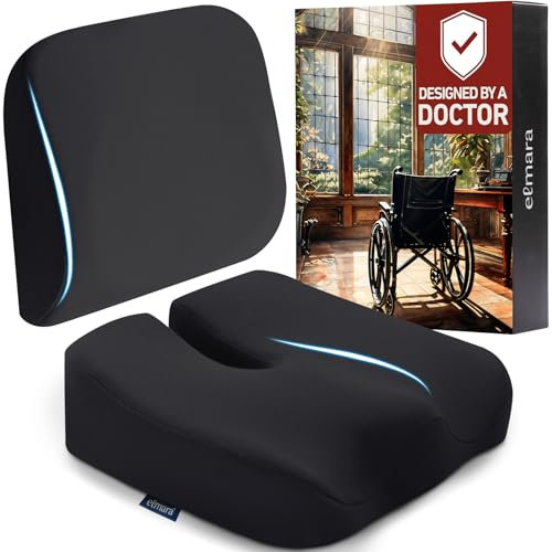 Elmara Wheelchair Cushion – 4 Thick Wheelchair Seat Cushion & Wheelchair Back Cushion (2-PIECE SET) – Wheelchair Accessories, Mobility Scooter Accessories, Wheelchair Cushions for Pressure Relief