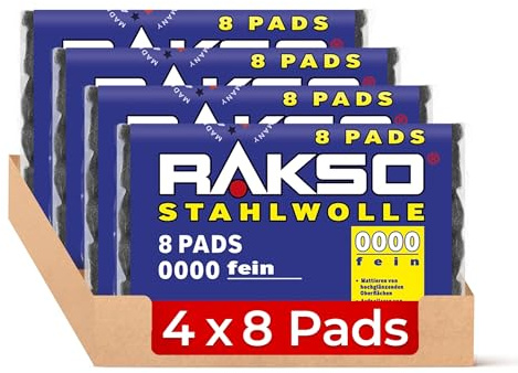 RAKSO Stahlwolle extrafein 0000-32 - 4x8 Stk. poliert gewachstes Holz, Kupfer, Messing, mattiert Oberflächen, säubert Glas
