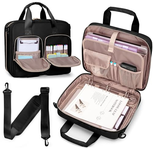 Prokva Carpeta de 3 Anillas con Cremallera, Bolsa Organizadora de 2 Anillas con Correa para el Hombro para Portátil de 13 Pulgadas y 500 Hojas, Negro (Sólo Bolsa Vacía)