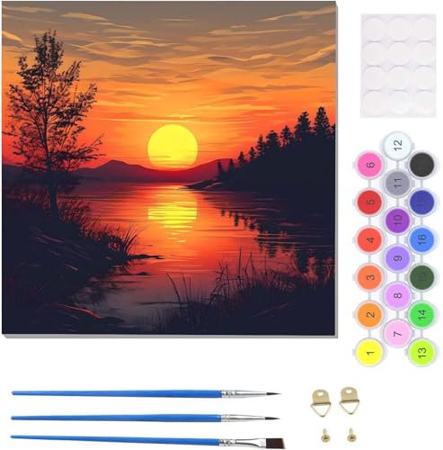 Malen Nach Zahlen Erwachsene Sonnenuntergang Wald, Paint by Numbers Malen Nach Zahlen, Handgemalt Ölgemälde Kit für Anfänger Erwachsene Mit 3-Pinseln und Acrylfarbe für Home Decor 25x25cm U-6108