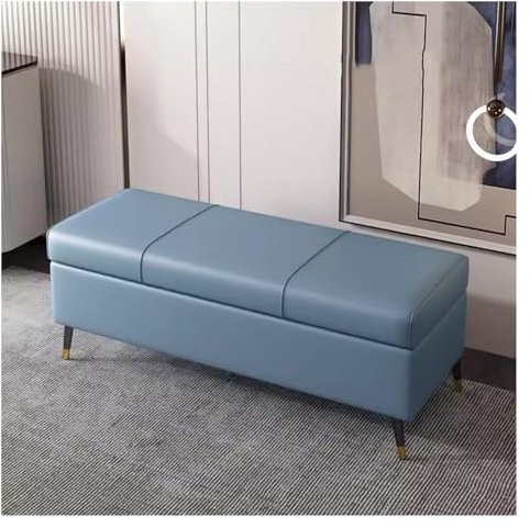 Extra lange Ottoman-Bank mit Stauraum, mit Sicherheitsscharnier, rechteckig, Klappdeckel, Bettbank für Schlafzimmer und Wohnzimmer, 120 cm Länge, Blau