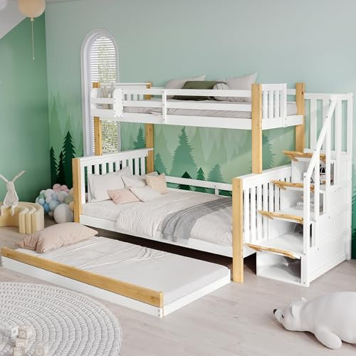 Kebnor Etagenbett, Kinderbett, mit Fallschutz und Gitter, Entworfen mit DREI Bettpositionen, mit Rollbett, Spezielles Türverkleidungsdesign, Ecktreppe, Kiefer+MDF, Weiß+Natur, 90x200&120 * 200cm