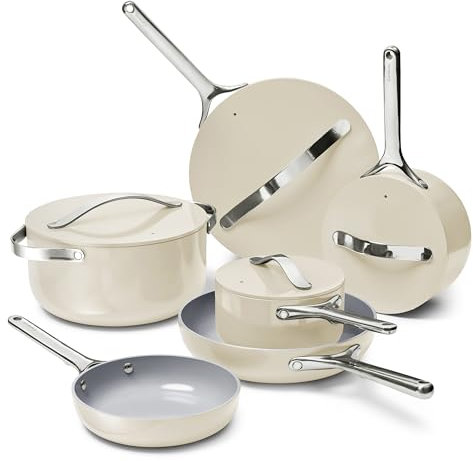 Caraway Deluxe Nonstick Ceramic Cookware Set (16 Piece) Pots, Frying Pans, Lids and Kitchen Storage - PFAS & PFOA Free - Oven Safe Ceramic Pan Set & Compatible with All Stovetops - Cream