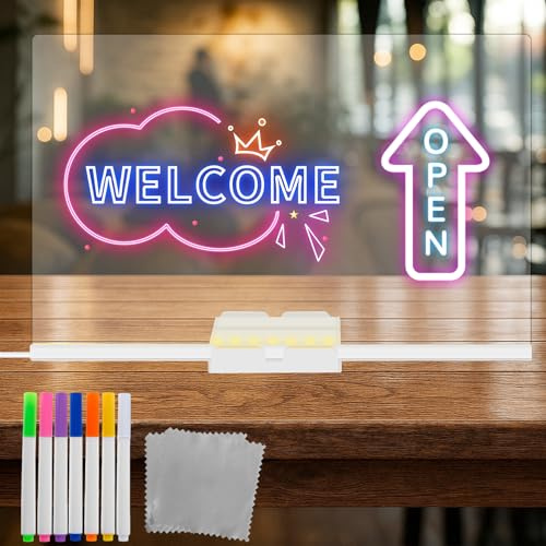 AFAIK LED Notiztafel mit Neon-Stiften, 20x30cm, Transparente Acryl Maltafel für Kinder, 7 Stifte (A)