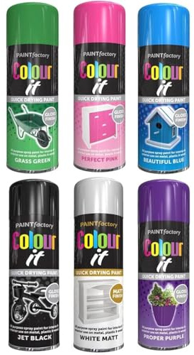 Pack of 6 Spray Paint 250ml Cans Assorted Colours Quick Dry, Multi-Surface for Wood, Metal, Plastic, Indoor & Outdoor Use