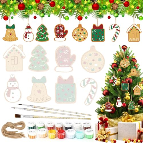 RUIQLXHANG Weihnachtsanhänger zum Bemalen - 8 Stück Mini Malen Nach Zahlen Weihnachtsdeko Anhänger mit Bindeschnur Farben und Pinsel, Bastelset Weihnachten, für Weihnachtsbaum, Party Dekoration
