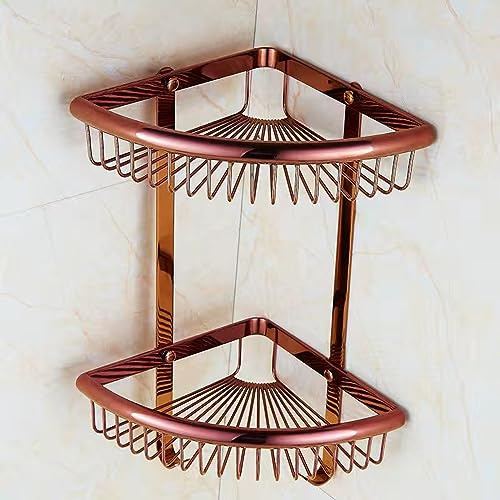 Triangular Corner Shelf - Three-Tiered Double Mesh Basket Rose Gold Fan-Shaped Bathroom Wall Storage with Hooks - Stylish Space-Savingfor Home & Bathroom