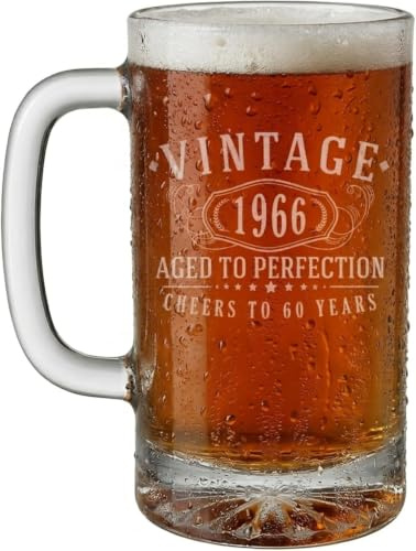 Vintage 1966 Etched 16oz Glass Beer Mug Stein – Happy 60th Birthday Gifts for Men Women, Cheers to Turning 60 Year Old Man Decoration Decor, Anniversary Bday Party Favors Supplies, 1.0
