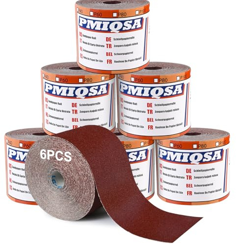 PMIQSA Lot de 6 Rouleaux de Papier Abrasif 93mm x 5m | Grain 60/80/120/180/240/400, Papier de Verre en Toile émeri à Base de Tissu pour Le Bois, Le MéTal pour Ponceuse à Main