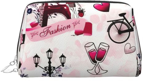 Cityscape Paris Eiffel Tower France Print Leather Cosmetic Pouch, Leather Makeup Bag for Purse with Top Zip Closure Stylish Toiletry Bag