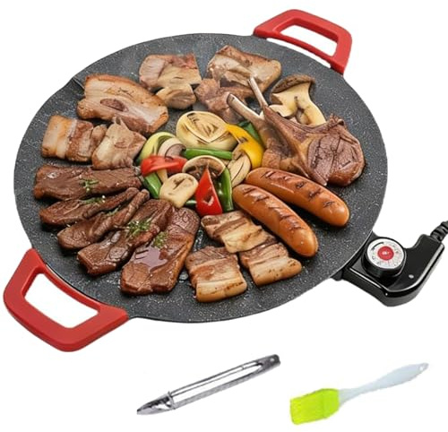 Non-Stick Electric Indoor Grill Pan, Large Round Electric Griddle, Smokeless Korean BBQ Grill Indoor - Fast Heating Comal Electrico, for Burgers,Pancakes (14.17 inch)