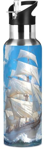 Qilmy Sailboat Sport Water Bottle with Straw Lid Vacuum Insulated Stainless Steel Thermo Flask Abstact Bird Floral Water Bottle 33 oz