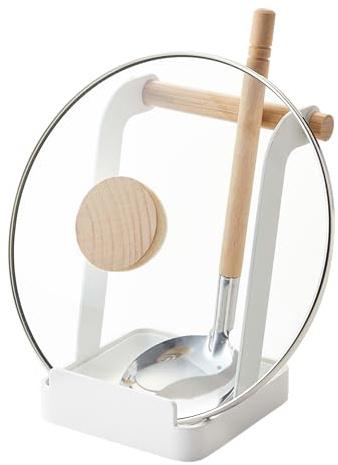 Yamazaki 2423 TOSCA Ladle & Pot Lid Stand, white, Steel/Wood, 16 x 12 x 10 cm