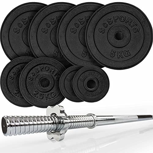 ScSPORTS® Langhantel Set - 18/28/40/50 kg, inkl. Langhantelstange 30mm, 120/160cm, Gewichte, Gusseisen, Sternverschluss - Langhantelset, Hantelset (27,5 kg (4 x 5 + 2 x 2,5/1,25))
