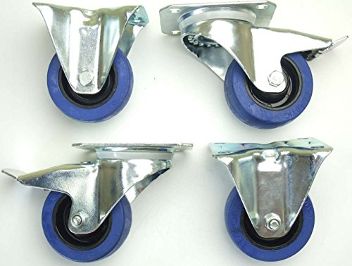 1 Satz 80mm Blue Wheels Lenkrollen Transportrollen mit Feststellbremse + Bockrollen 140kg / Rad - INDUSTRIEQALITÄT (2x Brems + 2x Bock)
