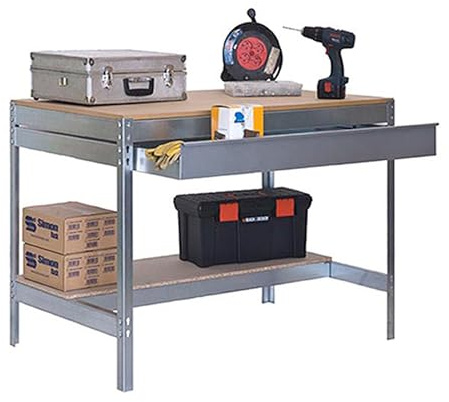 Simon Rack Etabli d’Atelier, Capacité de Charge 400 kg, 842x910x610 mm, Étagère Tiroir de Rangement, Table de Travail Bricolage, Galvanisé/Bois - BT0