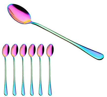 Stainless Steel Coffee Teaspoons, niceEshop(TM)Set of 6 Rainbow Color Coffee Spoon Long-Handle Ice Cream Desert Spoon Cocktail Stir Spoons Mixing Spoon, Pointed Head