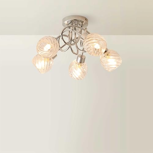 MiniSun | Contemporary 5 Way Polished Chrome Curved Arm Flush Ceiling Light with Swirled Glass Dome Shades | Ceiling Lights & Home Improvements Essential | Mains Wired