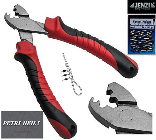 Klemmhülsen Set mit Hülsenzange und ca. 100 Jenzi Quetschhülsen 0,6-1,8mm + gratis Petri Heil! Aufkleber (1,0mm)